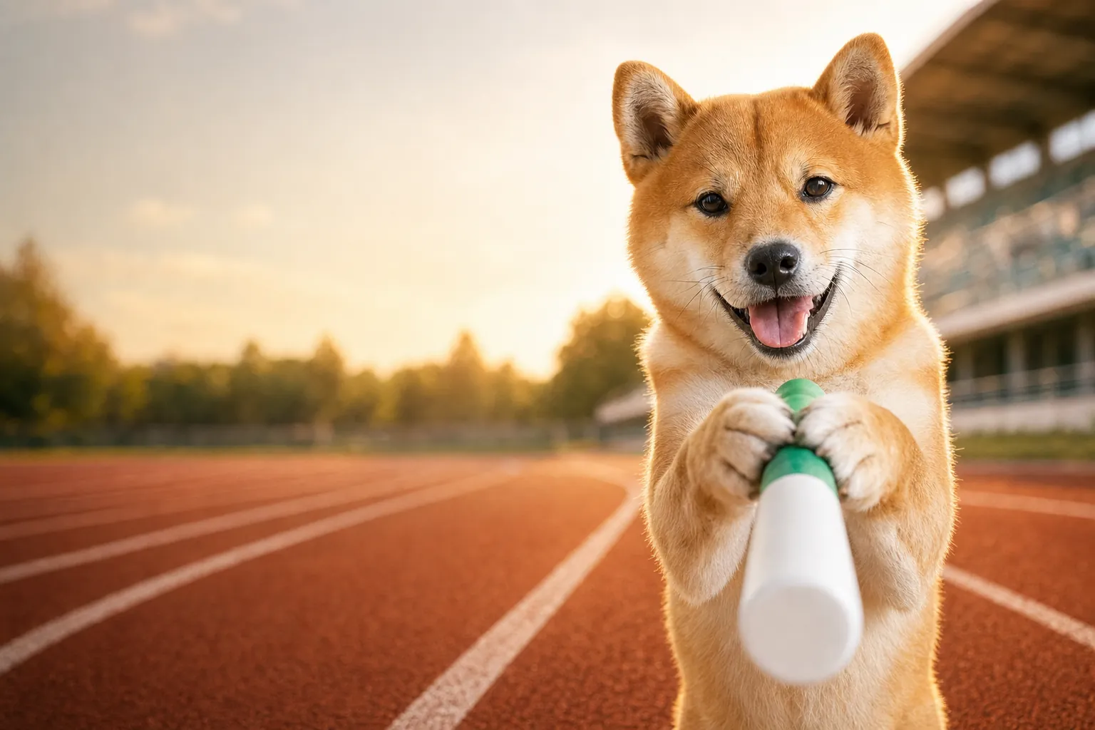 The baton shiba standing on a sunny red running track, smiling, holding a white baton with a green handle straight out to you