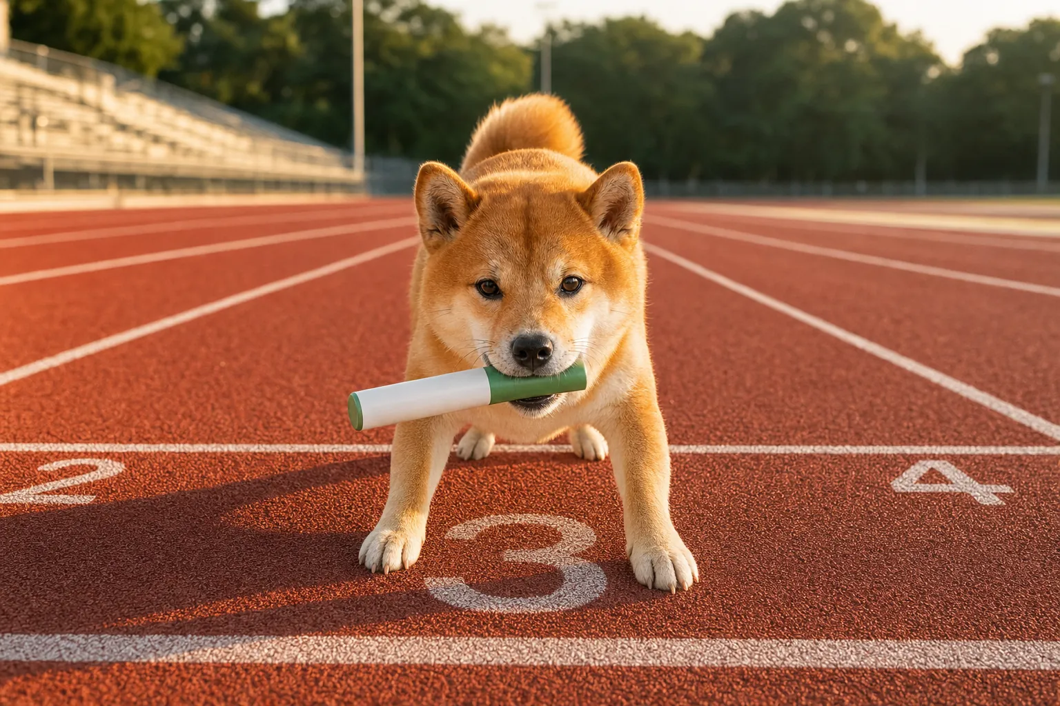The baton shiba crouched on the start line of lane 3 with the white and green baton in his mouth