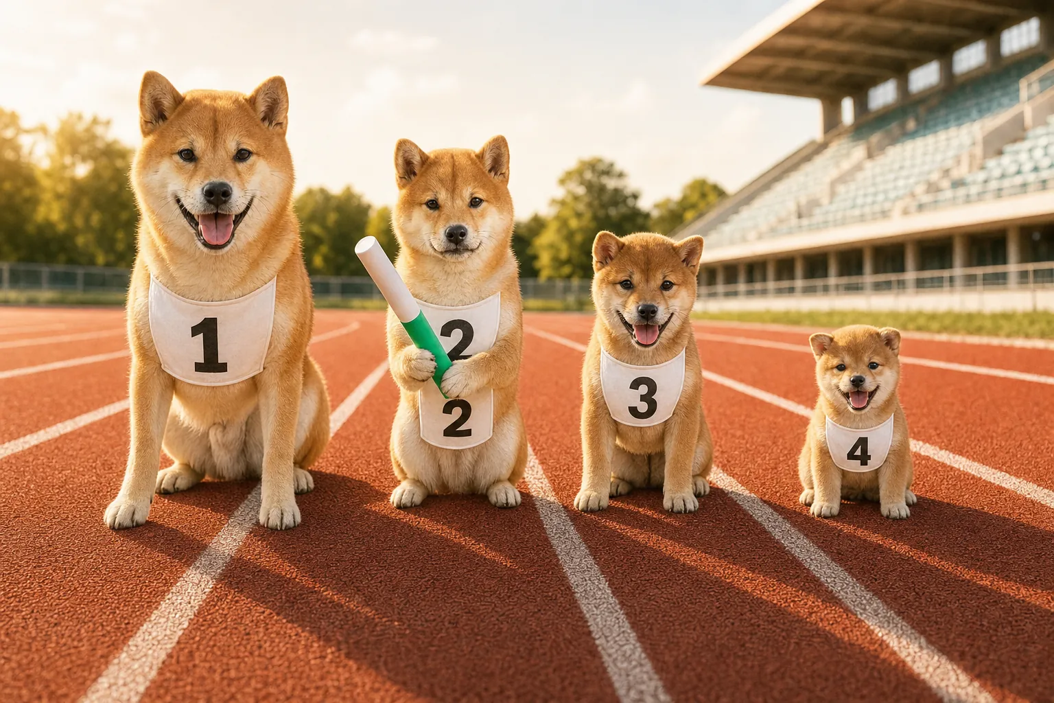 Four shiba dogs sitting in a row on a sunny running track, with bibs 1 to 4. Number 2 holds the white and green baton. Number 4 is a tiny puppy.