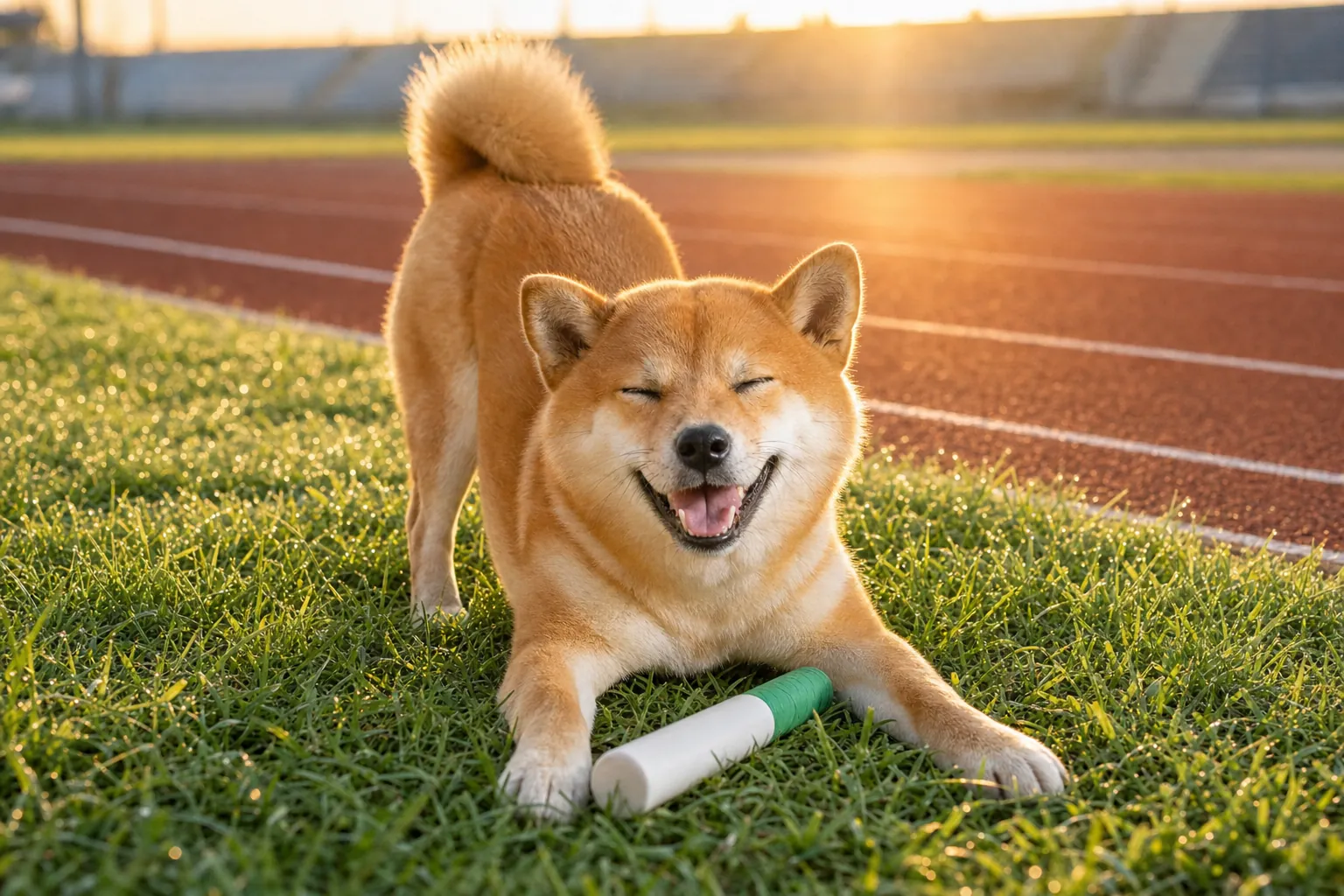 The baton shiba stretching on the grass by the track, eyes shut, smiling, the baton between his paws